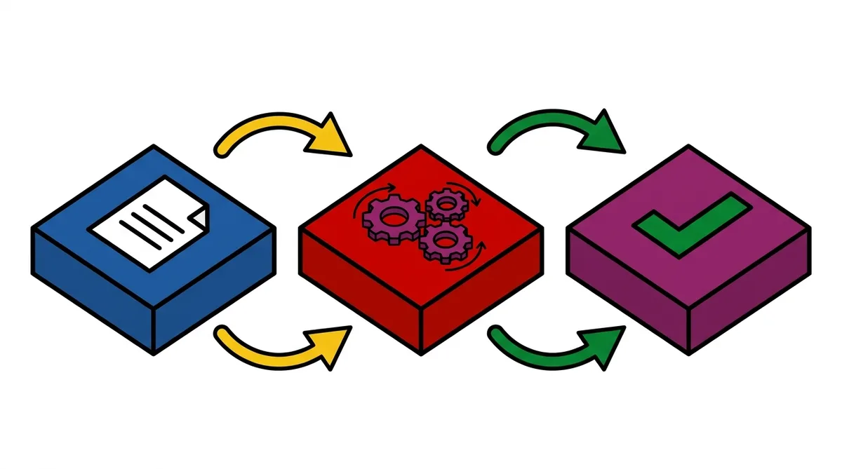 Isometric workflow showing a document turning into gears and then a checkmark, representing a marketing task automated end to end