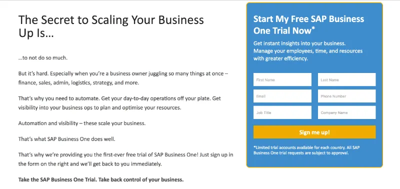 SAP landing page screenshot original