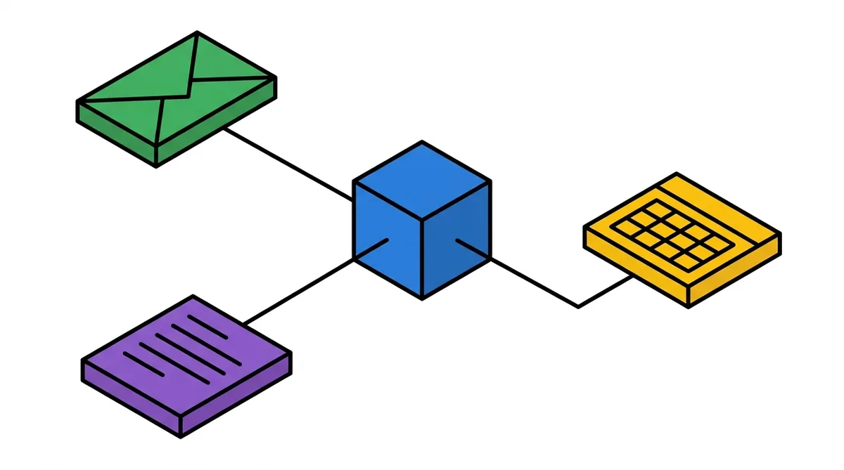 Isometric illustration of an AI agent: a central model cube connected to an email, a calendar and a document, showing it taking actions across tools