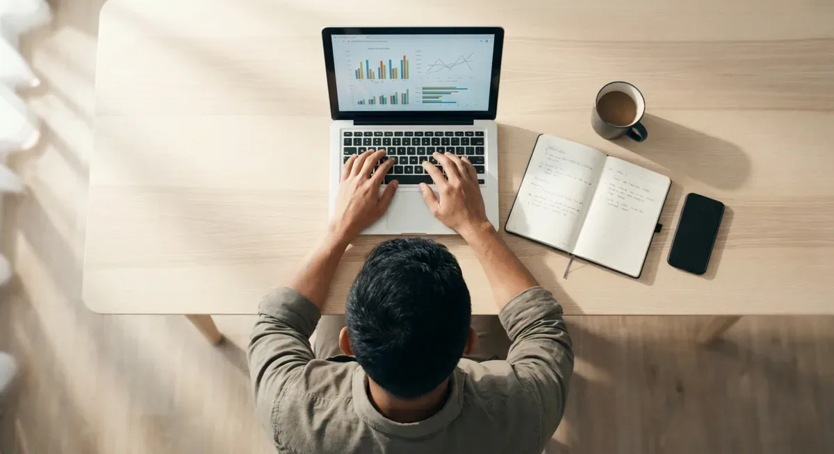 Overhead view of a marketer reviewing analytics dashboards on a laptop
