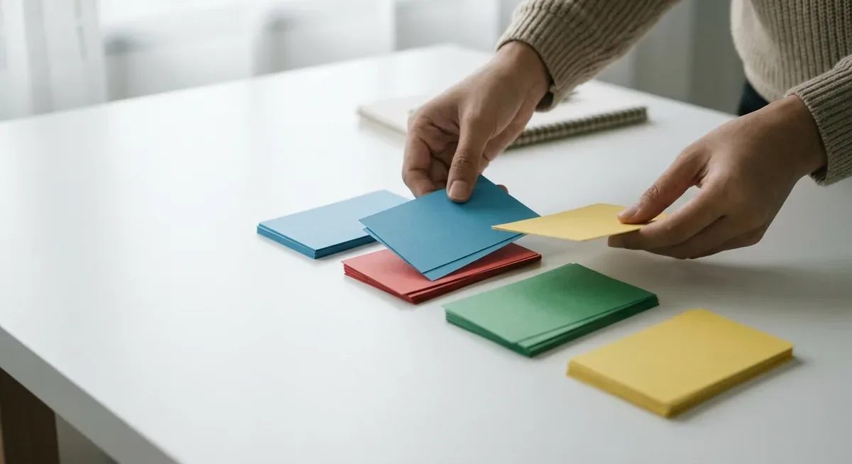 Hands arranging colour-coded cards into groups on a white table, representing brand alignment workshopping