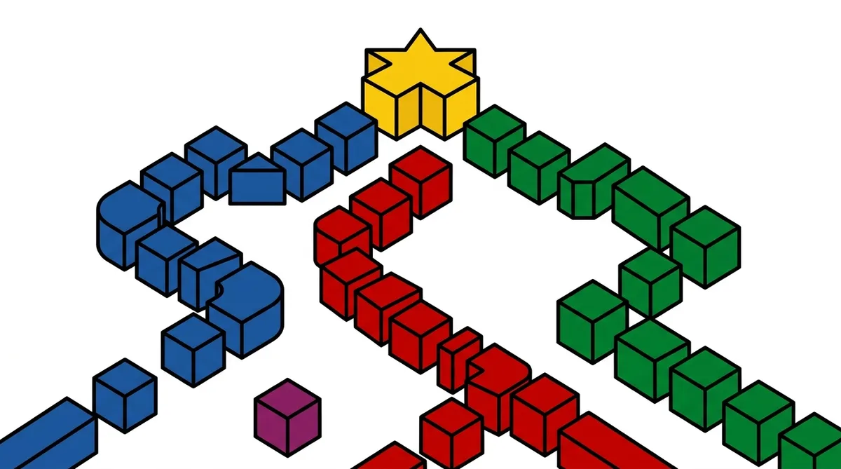 Isometric illustration of three coloured pathways converging on a single destination, representing user journeys