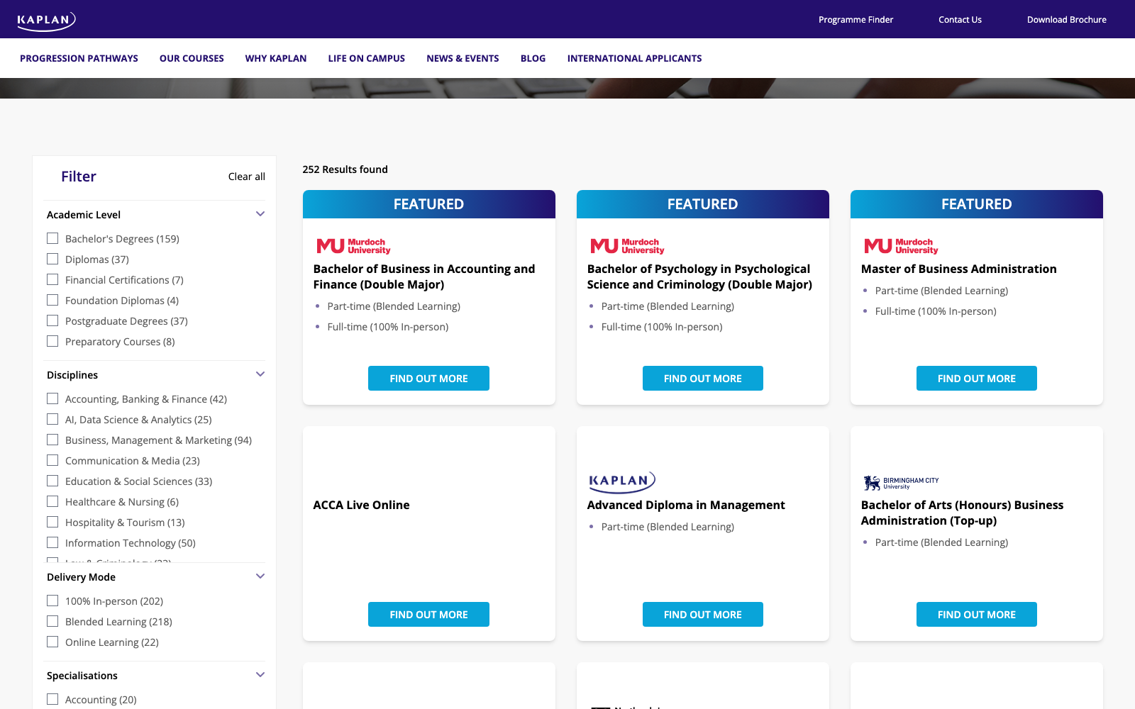 Kaplan's multi-filter Programme Finder