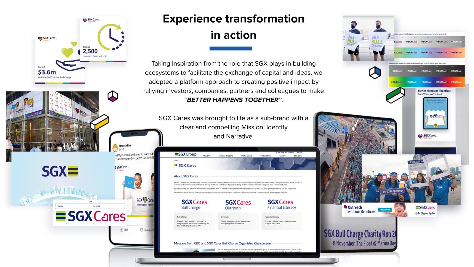 The SGX Cares brand in action across web, social and event signage