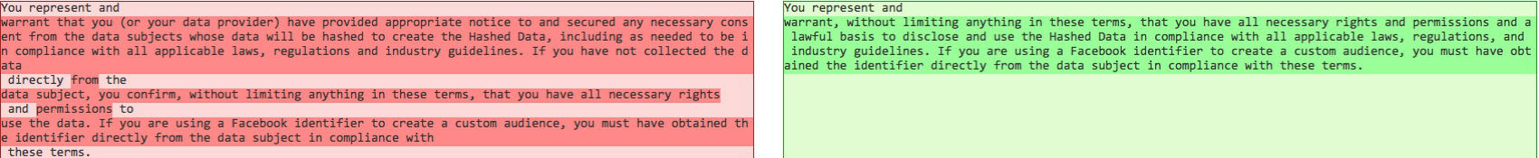 Facebook terms on data collection via Diffchecker